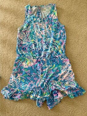 Girls Lilly Pulitzer Turquoise Pink Green Printed Ruffle Romper
